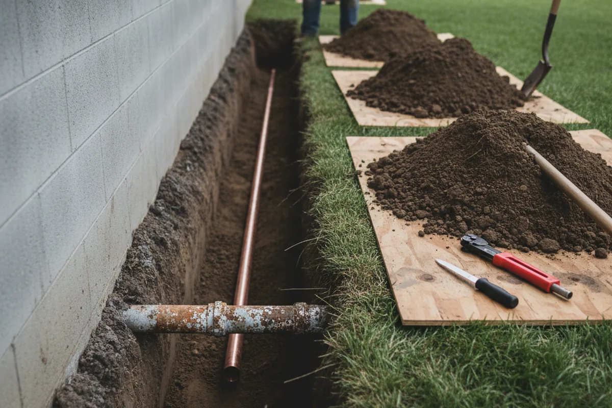 Excavated water line trench during Sewer Line Repair in Menomonee Falls